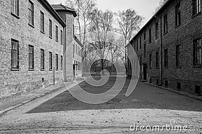 Inside the Nazi Concentration Camp of Auschwitz 1 showing the barrack buildings where prisoners lived in appalling conditions Editorial Stock Photo