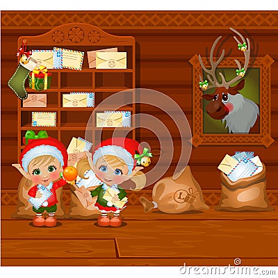 Inside the old cozy wooden village house. Home furnishing. Santa`s helpers read letters. Sketch of Christmas festive Vector Illustration