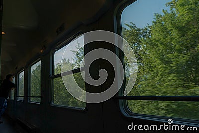 Inside old soviet USSR train railway car, interior train wagon Stock Photo