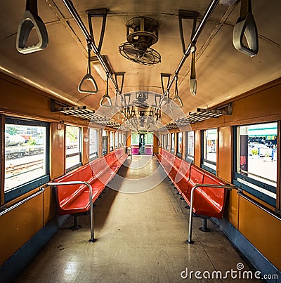 Inside of an old train coach at Thonburi station, Bangkok, Thailand Stock Photo