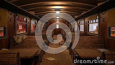 Inside an old wild west railway train passenger carriage. 3D rendering Cartoon Illustration