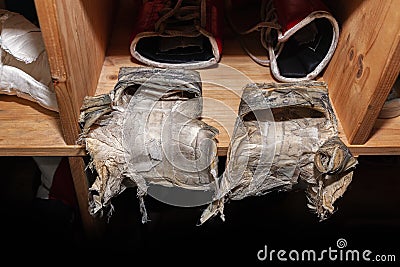 Inside of old, worn pair of boxing gloves, material distressed Stock Photo