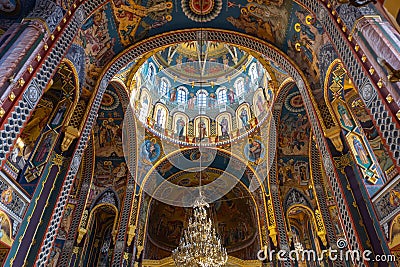 Inside in the orthodox Holy Trinity cathedral from city Arad, Romania. Editorial Stock Photo