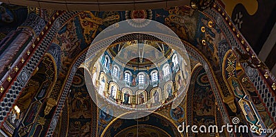 Inside in the orthodox Holy Trinity cathedral from city Arad, Romania. Editorial Stock Photo