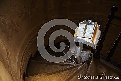 Inside of Pena Palace in Sintra, Lisbon district, Portugal. Spiral staircase . Editorial Stock Photo