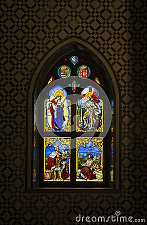 Inside of Pena Palace in Sintra, Lisbon district, Portugal. Stained Glass Window in Chapel. Editorial Stock Photo