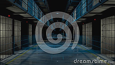 Inside prison corridor at night. cells with lights on and wet floor. Stock Photo