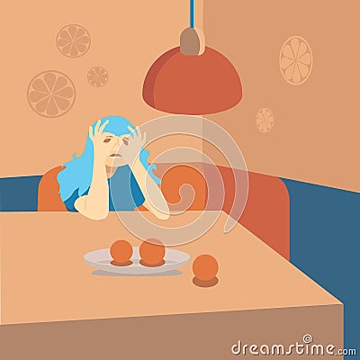 Teenage girl with long hair sitting at the table and making two monocle gestures looking through her fingers. Vector Illustration