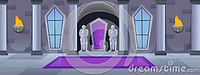 Inside royal luxury medieval castle. King and queen warriors. Knights armors. Game interior with throne and fireplace Vector Illustration