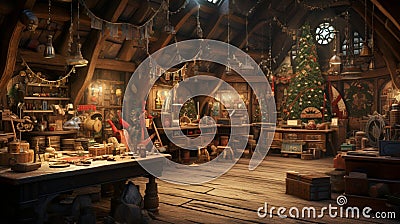 Inside Santa's North Pole workshop, merry elves craft gifts for the grand Christmas night, spreading joy worldwide Stock Photo