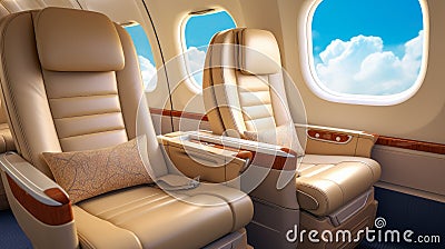 Inside of a small business jet. Interior of luxury private airplane with empty leather chairs Stock Photo