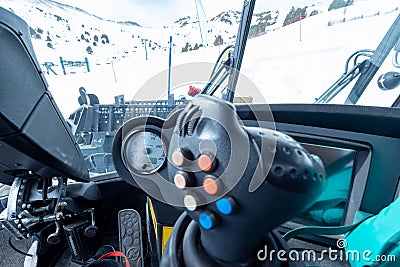 From Inside A snow groomers Pisten Bully 600 at the Grandvalira ski resort in 2022 Editorial Stock Photo