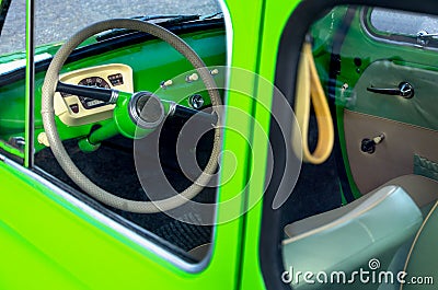 Inside a soviet car. view of the steering wheel and speedometer with buttons Stock Photo