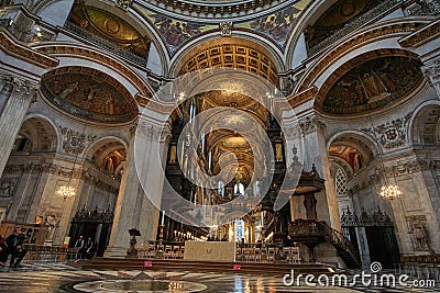 Inside St Paul`s Cathedral in London, interior building details. It is an Anglican cathedral, the seat of the Bishop of London an Editorial Stock Photo