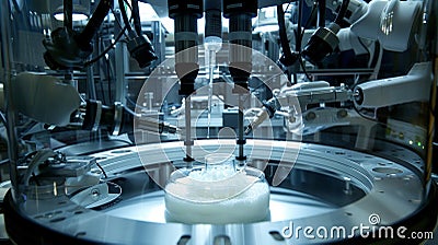 Inside a sterile chamber precise robotic arms manipulate small delicate objects. In the center a tube filled with a Stock Photo