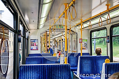 Inside a tram carriage in Sheffield Editorial Stock Photo