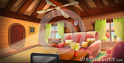 Inside of Tree House, Warm Cabin Stock Photo