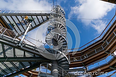 Inside the Tree Top Trail Wooden Industrial Steel Spiral Staircase Stock Photo