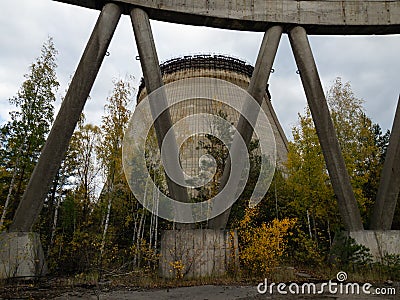 Inside unfinished cooling tower in Chernobyl zone, part of the building structure. Stock Photo