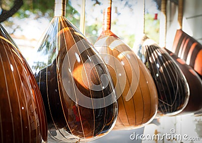 Inside view of a baglama shop..Baglama is a Turkish folk music instrument. Inside view of a baglama shop Stock Photo