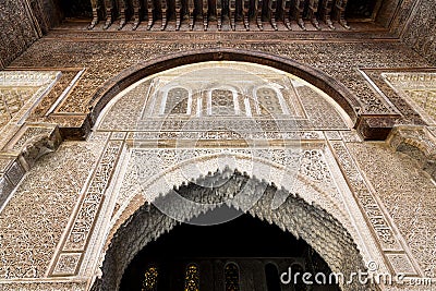 An inside view from the courtyard of the Bou Inania Madarsa in Fes, Morocco. Stock Photo