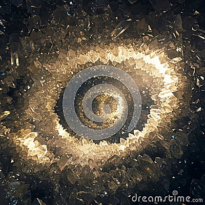 Inside view of a crystal geode showcases layers of translucent, pointed quartz (SiO2) Stock Photo