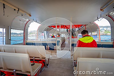 Inside view of MS Fridtjof Nansen tender ferrying passengers to town of Qaqortoq, Greenland Editorial Stock Photo