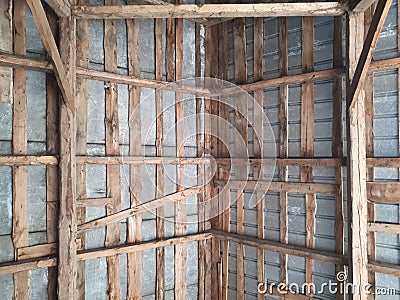 Inside view of old wooden roof wood structure with wooden beams Stock Photo