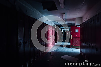 Hallway with Red Lockers and Doors - Vintage, Abandoned School Stock Photo