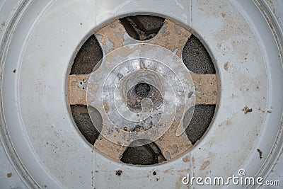 Inside of the washer drum is dirty stains, musty smell, household appliances. Washing machine descaling. Hygienic cleaning service Stock Photo