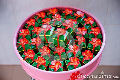 Inside Vietnamese wedding fruit tray: spousal cake Stock Photo