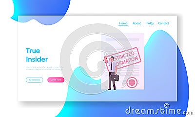 Insider, Compromising Material Landing Page Template. Tiny Male Character, Federal Agent with Access Card at Huge Folder Vector Illustration