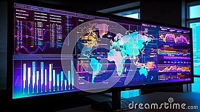 Insightful financial analysis, Perspective view of monitor screen featuring digital analytics data visualization Stock Photo