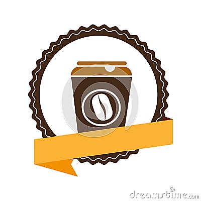 Insignia with label and glass disposable for hot drinks with lid Vector Illustration