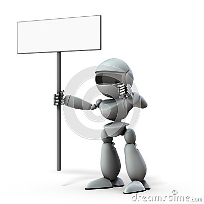 Insist on artificial intelligence robot. He has a sign. Cartoon Illustration