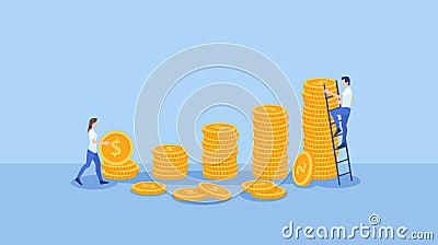 Abstract financial flat icon design with stack of money and people collecting coin in blue color background Vector Illustration