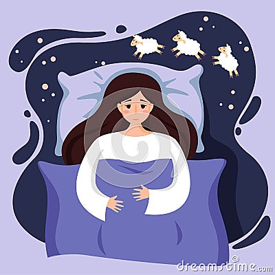 Insomnia. Beautiful young girl in bed with open eyes cannot sleep. Woman counting sheep Vector Illustration