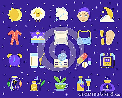 Insomnia simple flat color icons vector set Vector Illustration