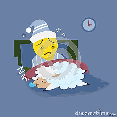 Insomnia man with sleeping sheep Vector Illustration