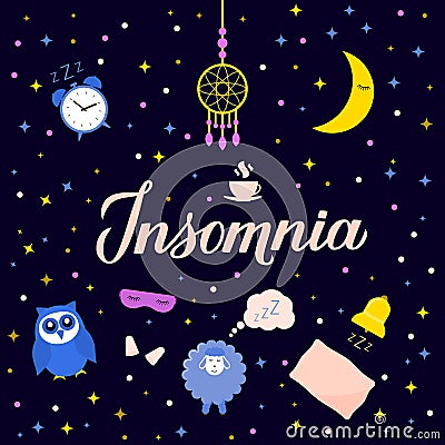 Insomnia modern calligraphy hand lettering. Sleep problems and sleeplessness concept vector illustration. Alarm, bed, pillow, Vector Illustration