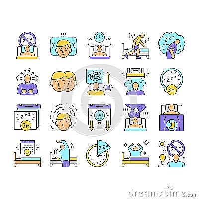 Insomnia Person Chronic Problem Icons Set Vector . Vector Illustration