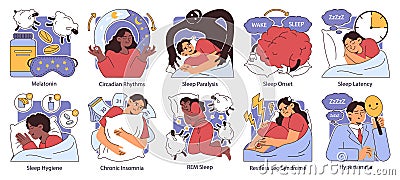 Insomnia set. Diverse characters suffering from sleep deprivation. Sleep Vector Illustration