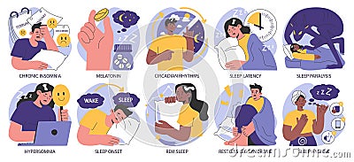 Insomnia set. Diverse characters suffering from sleep deprivation. Sleep Vector Illustration