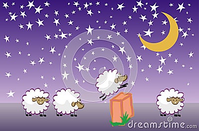 Insomnia. Sheep jumping over fence. Cartoon Illustration