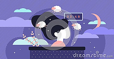 Insomnia vector illustration. Flat tiny sleep time problems persons concept Vector Illustration