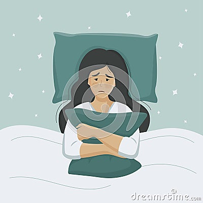 Insomnia woman. Sleepless woman suffering from insomnia. Tired and exhausted Woman in bed with open eyes in darkness night room. Vector Illustration