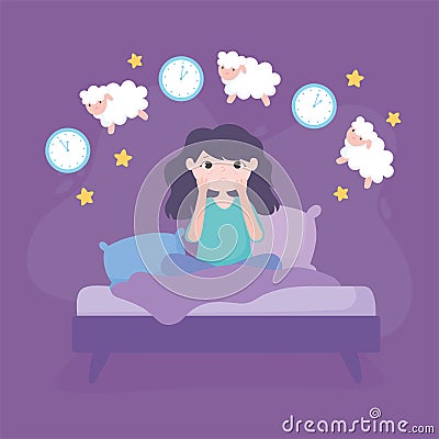 Insomnia, worried girl in the bed counting sheeps Vector Illustration