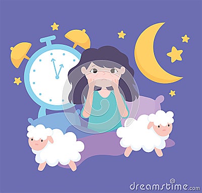 Insomnia, worried girl in the bed with sheeps and clock Vector Illustration
