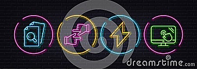 Inspect, Click hands and Energy minimal line icons. For web application, printing. Neon laser 3d lights. Vector Vector Illustration
