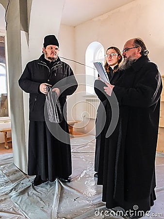 Inspection of the construction of the Church and the Episcopal service in the Kaluga region of Russia. Editorial Stock Photo